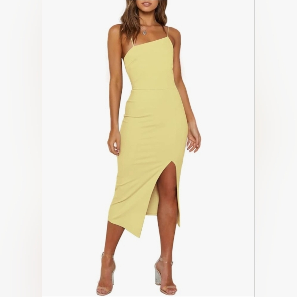LYANER Spaghetti Straps Split Hem Sleeveless Zipper Bodycon Midi Dress